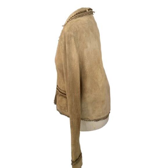 DOUBLE D RANCH  Tan Suede Leather Fringe Trim Jacket Size Large - Picture 2 of 6